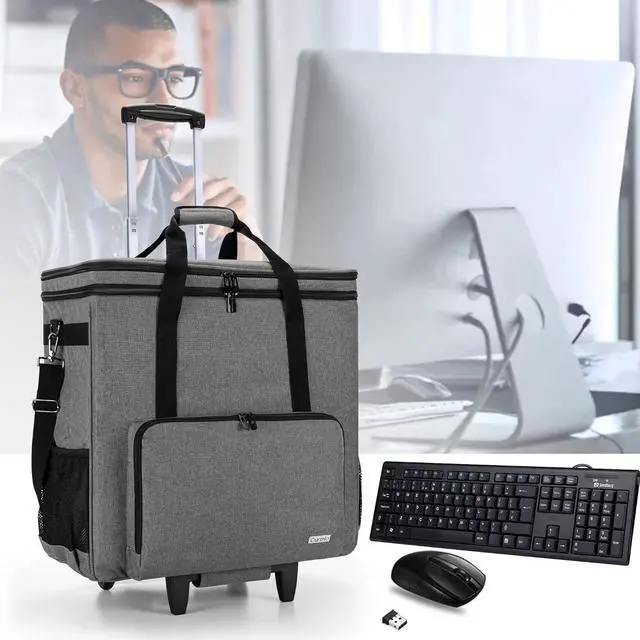 Alt view image 7 of 7 - CURMIO Rolling Desktop Computer Carrying Case with Wheels, Double Layers Computer Tower Travel Bag with Detachable Dolly for PC Chassis, Keyboard and Mouse, Gray (Bag Only, Patented Design)