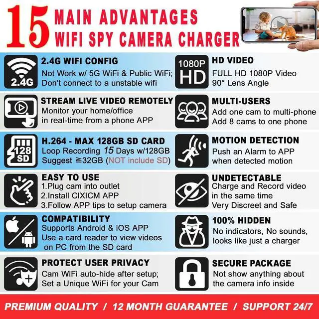 Alt view image 3 of 7 - Spy Camera, Hidden Camera Charger, WIFI Spy Camera Hidden Camera, HD 1080P Spy Cam, Mini Nanny Cam Hidden Camera, Secret Camera, Indoor Hidden Security Camera- Motion Detection&Remote View