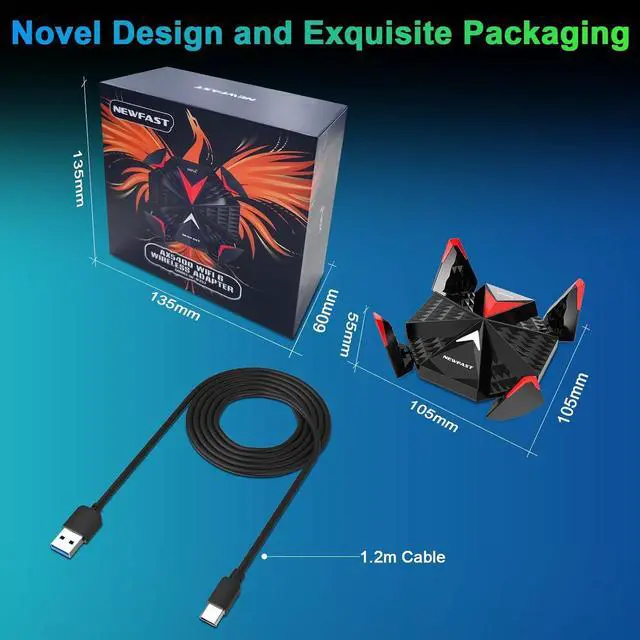 Alt view image 7 of 7 - NEWFAST WiFi 6 USB 3.0 Adapter for Gaming PC, The First AX5400 Tri-Band Esports Wireless Adapter for Desktop PC Laptop, Gigabit Speed Wireless Network Adapter WiFi Dongle Supports Windows 11/10