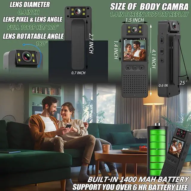 Alt view image 2 of 5 - Body Camera with 1080P HD Recording 1.4 in Screen Recorder Built-in 64GB Card with Flashlight Mode, Loop Record, 6HR Battery Life Wearable Police Cam for Home, Outdoor, Law Enforcement, Security Guard