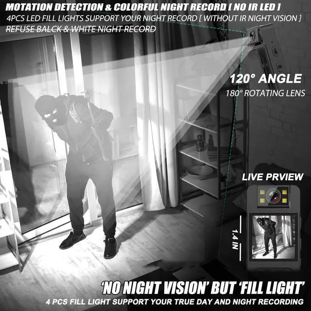Alt view image 4 of 5 - Body Camera with 1080P HD Recording 1.4 in Screen Recorder Built-in 64GB Card with Flashlight Mode, Loop Record, 6HR Battery Life Wearable Police Cam for Home, Outdoor, Law Enforcement, Security Guard