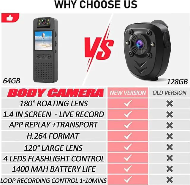 Alt view image 5 of 5 - Body Camera with 1080P HD Recording 1.4 in Screen Recorder Built-in 64GB Card with Flashlight Mode, Loop Record, 6HR Battery Life Wearable Police Cam for Home, Outdoor, Law Enforcement, Security Guard