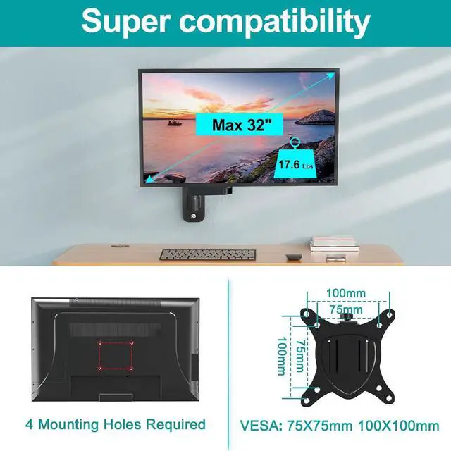 Alt view image 6 of 7 - MOUNT PRO Single Monitor Wall Mount for 13 to 32 Inch Computer Screens, Gas Spring Arm Holds Up to 17.6lbs, Full Motion Adjustable,VESA Mount 75x75, 100x100,Black