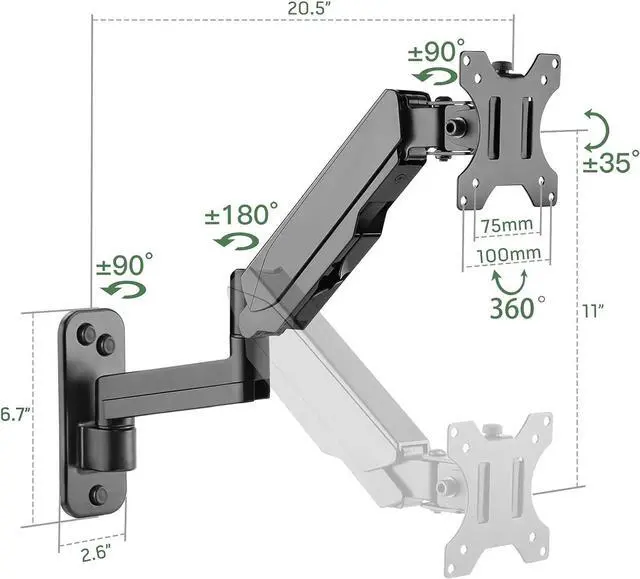 Alt view image 5 of 7 - Monitor Wall Mount, Single Monitor Wall Arm for 17-32 inch Flat/Curved Computer Screens, Height Adjustable Gas Spring Wall Monitor Stand with Cable Management, Tilt, VESA 75x75/100x100 mm