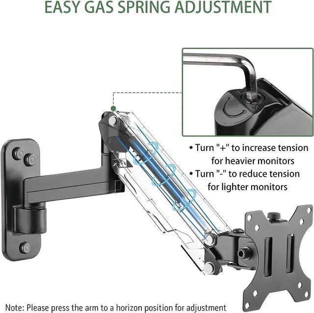 Alt view image 4 of 7 - Monitor Wall Mount, Single Monitor Wall Arm for 17-32 inch Flat/Curved Computer Screens, Height Adjustable Gas Spring Wall Monitor Stand with Cable Management, Tilt, VESA 75x75/100x100 mm