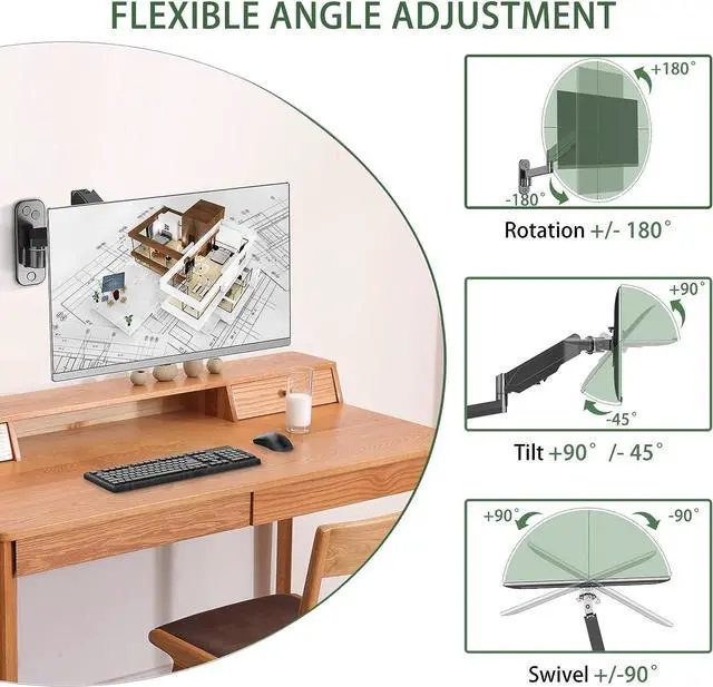 Alt view image 3 of 7 - Monitor Wall Mount, Single Monitor Wall Arm for 17-32 inch Flat/Curved Computer Screens, Height Adjustable Gas Spring Wall Monitor Stand with Cable Management, Tilt, VESA 75x75/100x100 mm