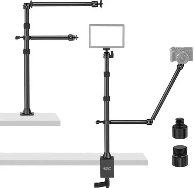 Main image of Camera Desk Mount Stand with Two Auxiliary Holding Arms, Overhead Camera Mount Tabletop C Clamp 360° Swivel Ball Heads for DSLR, Webcam, Photography, Videography, Live Streaming, Zoom Calls