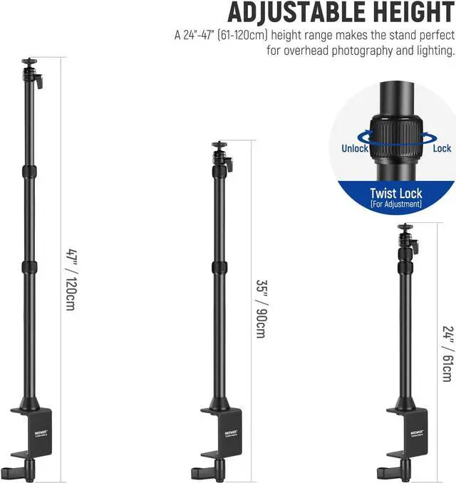 Alt view image 2 of 6 - Camera Desk Mount Stand with Two Auxiliary Holding Arms, Overhead Camera Mount Tabletop C Clamp 360° Swivel Ball Heads for DSLR, Webcam, Photography, Videography, Live Streaming, Zoom Calls
