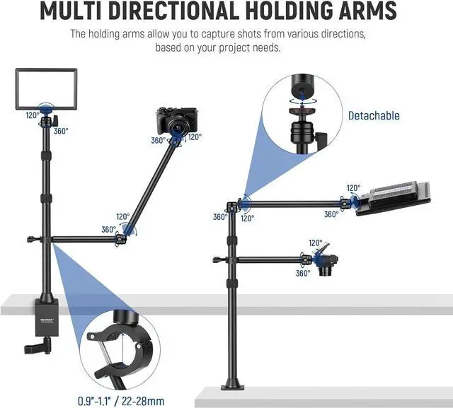 Alt view image 3 of 6 - Camera Desk Mount Stand with Two Auxiliary Holding Arms, Overhead Camera Mount Tabletop C Clamp 360° Swivel Ball Heads for DSLR, Webcam, Photography, Videography, Live Streaming, Zoom Calls