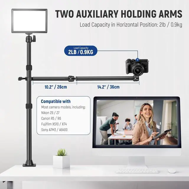 Alt view image 6 of 6 - Camera Desk Mount Stand with Two Auxiliary Holding Arms, Overhead Camera Mount Tabletop C Clamp 360° Swivel Ball Heads for DSLR, Webcam, Photography, Videography, Live Streaming, Zoom Calls