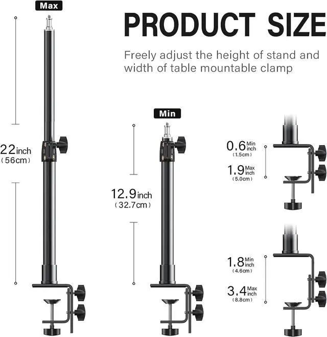 Alt view image 3 of 7 - 2-Pack Camera Desk Mount Stand with 1/4" Ball Head and Cold Shoe Mount Adapter,12.9-22" Tabletop Mounts Stand, Adjustable Aluminum Desktop Light Stand, for DSLR Camera, Ring Light, Video Light