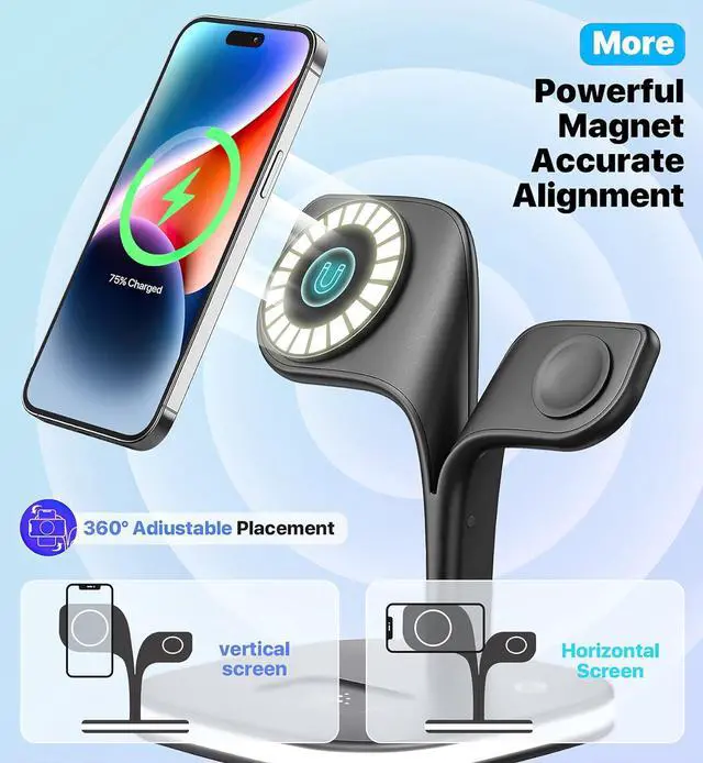 Alt view image 2 of 6 - Wireless Charging Station, Magnetic Charging Station, 5 in 1 Fast Mag Safe Charger for iPhone 15 14 13 12 Series, Wireless Charger Stand for Apple Watch Ultra 8 7 6 5 4 3 2, Airpods Pro 3 2 (Black)