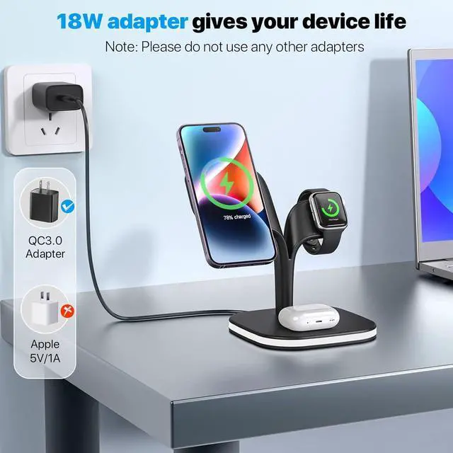 Alt view image 3 of 6 - Wireless Charging Station, Magnetic Charging Station, 5 in 1 Fast Mag Safe Charger for iPhone 15 14 13 12 Series, Wireless Charger Stand for Apple Watch Ultra 8 7 6 5 4 3 2, Airpods Pro 3 2 (Black)