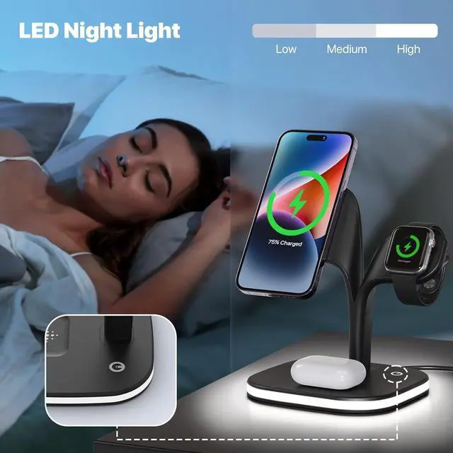 Alt view image 4 of 6 - Wireless Charging Station, Magnetic Charging Station, 5 in 1 Fast Mag Safe Charger for iPhone 15 14 13 12 Series, Wireless Charger Stand for Apple Watch Ultra 8 7 6 5 4 3 2, Airpods Pro 3 2 (Black)