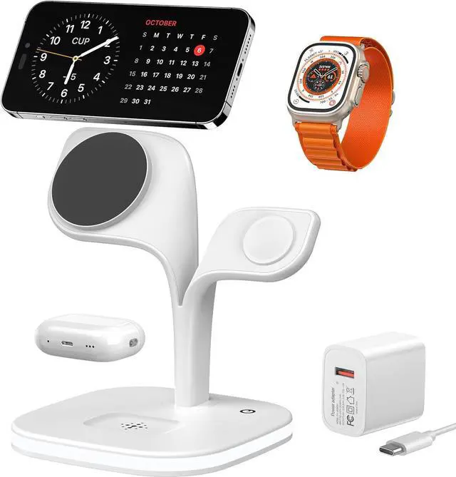 Main image of Magnetic Wireless Charger, Wireless Charging Station for Apple Devices, Fast Mag-Safe Charger Stand for iPhone 14 13 12 Series, Apple Watch Ultra 8 7 6 5 4 3 2, AirPods Pro 3 2 (White)