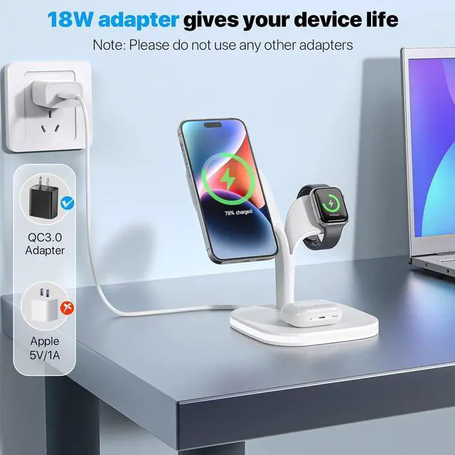 Alt view image 3 of 6 - Magnetic Wireless Charger, Wireless Charging Station for Apple Devices, Fast Mag-Safe Charger Stand for iPhone 14 13 12 Series, Apple Watch Ultra 8 7 6 5 4 3 2, AirPods Pro 3 2 (White)