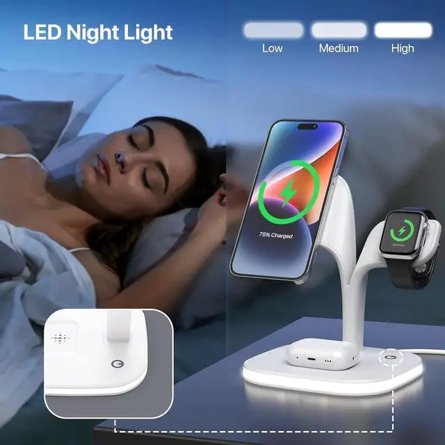 Alt view image 4 of 6 - Magnetic Wireless Charger, Wireless Charging Station for Apple Devices, Fast Mag-Safe Charger Stand for iPhone 14 13 12 Series, Apple Watch Ultra 8 7 6 5 4 3 2, AirPods Pro 3 2 (White)