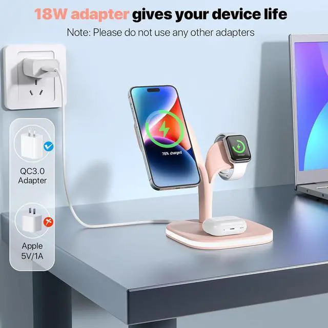 Alt view image 3 of 6 - Wireless Charging Station, Magnetic Charging Station, 5 in 1 Fast Mag Safe Charger for iPhone 14 13 12 Series, Wireless Charger Stand for Apple Watch Ultra 8 7 6 5 4 3 2, Airpods Pro 3 2 (Pink)