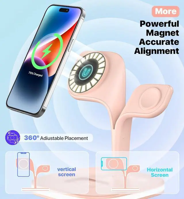 Alt view image 2 of 6 - Wireless Charging Station, Magnetic Charging Station, 5 in 1 Fast Mag Safe Charger for iPhone 14 13 12 Series, Wireless Charger Stand for Apple Watch Ultra 8 7 6 5 4 3 2, Airpods Pro 3 2 (Pink)