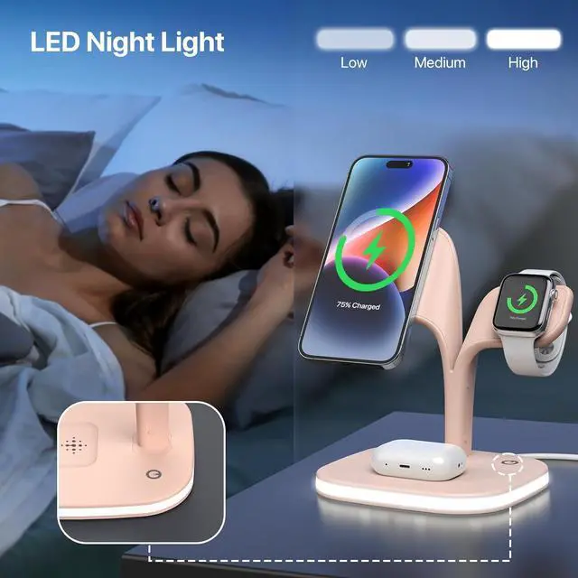 Alt view image 4 of 6 - Wireless Charging Station, Magnetic Charging Station, 5 in 1 Fast Mag Safe Charger for iPhone 14 13 12 Series, Wireless Charger Stand for Apple Watch Ultra 8 7 6 5 4 3 2, Airpods Pro 3 2 (Pink)