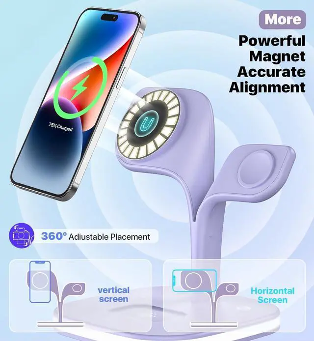 Alt view image 2 of 6 - Wireless Charging Station, Magnetic Charging Station, 5 in 1 Fast Mag Safe Charger for iPhone 14 13 12 Series, Wireless Charger Stand for Apple Watch Ultra 8 7 6 5 4 3 2, Airpods Pro 3 2(Purple)