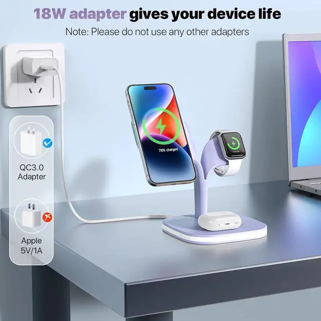 Alt view image 3 of 6 - Wireless Charging Station, Magnetic Charging Station, 5 in 1 Fast Mag Safe Charger for iPhone 14 13 12 Series, Wireless Charger Stand for Apple Watch Ultra 8 7 6 5 4 3 2, Airpods Pro 3 2(Purple)