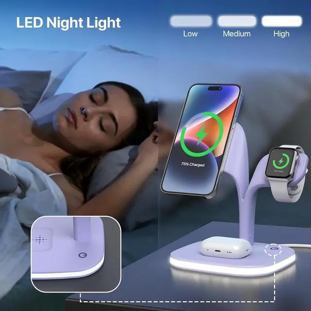Alt view image 4 of 6 - Wireless Charging Station, Magnetic Charging Station, 5 in 1 Fast Mag Safe Charger for iPhone 14 13 12 Series, Wireless Charger Stand for Apple Watch Ultra 8 7 6 5 4 3 2, Airpods Pro 3 2(Purple)