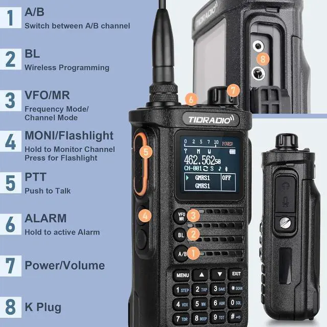 Alt view image 5 of 7 - (2nd Gen) TIDRADIO TD-H8 GMRS Radio Two Way Radio,APP Programmable,GMRS Repeater Capable,Support Chirp,Long Range Walkie Talkies with 2pcs 2500mAh Battery, MIC Speaker and 771 Long Antenna