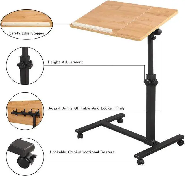 Alt view image 3 of 5 - Rolling Laptop Desk for Rolling Cart Tilting Overbed Bedside Table Desk Overbed Table with Wheels Adjustable Laptop Stand Sofa Side Table