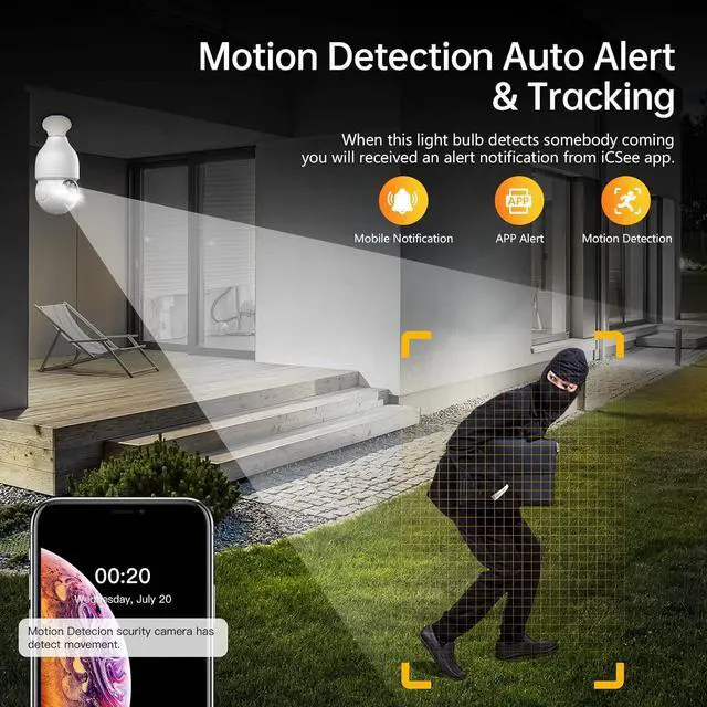 Alt view image 4 of 7 - 3 Pack 1080P Lightbulb Security Cameras Wireless Outdoor, Light Socket Security Cameras Indoor, Lightbulb Camera WiFi Outdoor with Color Night Vision, Auto Motion Tracking, App Remote, 2-Way Talk