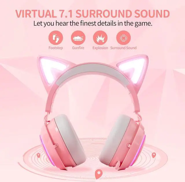 Alt view image 3 of 7 - SOMIC GS510 Cat Ear Headset Wireless Gaming Headset for PS5/ PS4/ PC, Pink Headset 2.4G with Retractable Mic, 7.1 Stereo Sound, 8Hrs Playtime, RGB Lighting for Girls (Xbox Only Work in Wired Mode)