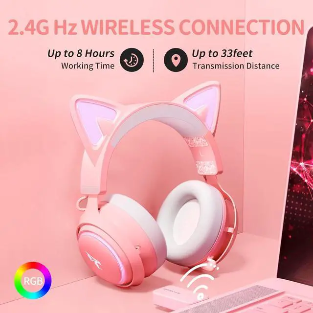 Alt view image 4 of 7 - SOMIC GS510 Cat Ear Headset Wireless Gaming Headset for PS5/ PS4/ PC, Pink Headset 2.4G with Retractable Mic, 7.1 Stereo Sound, 8Hrs Playtime, RGB Lighting for Girls (Xbox Only Work in Wired Mode)