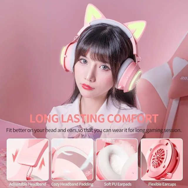 Alt view image 7 of 7 - SOMIC GS510 Cat Ear Headset Wireless Gaming Headset for PS5/ PS4/ PC, Pink Headset 2.4G with Retractable Mic, 7.1 Stereo Sound, 8Hrs Playtime, RGB Lighting for Girls (Xbox Only Work in Wired Mode)