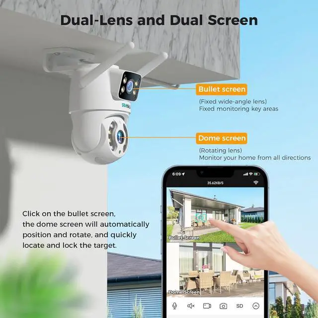 Alt view image 2 of 7 - Dual Lens Linkage 6MP PTZ Security Camera Outdoor,Wireless Bluetooth Camera,360° View,Auto Tracking,Human Detection,Light Alarm,Color Night Vision,2.G WiFi,24/7 Record,Two-Way Audio