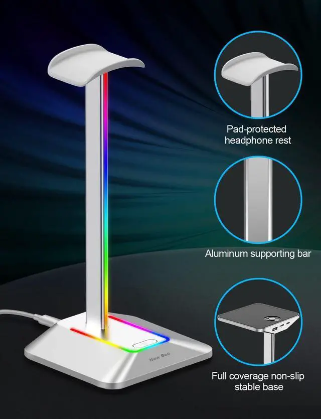 Alt view image 4 of 6 - New bee RGB Headphone Stand with 1 USB-C Charging Port and 1 USB Charging Port, Desk Gaming Headset Holder with 7 Light Modes and Non-Slip Rubber Base Suitable for All Earphone Accessories (Silver)