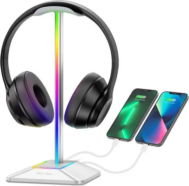 Main image of New bee RGB Headphone Stand with 1 USB-C Charging Port and 1 USB Charging Port, Desk Gaming Headset Holder with 7 Light Modes and Non-Slip Rubber Base Suitable for All Earphone Accessories (Silver)
