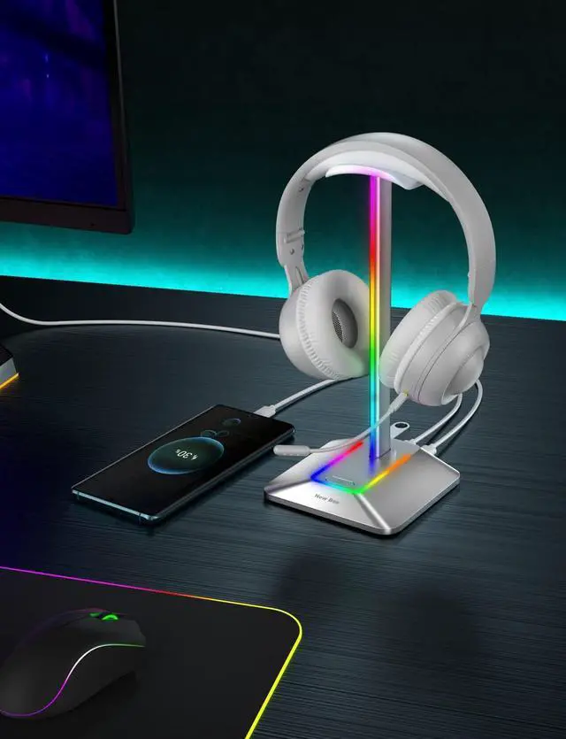 Alt view image 6 of 6 - New bee RGB Headphone Stand with 1 USB-C Charging Port and 1 USB Charging Port, Desk Gaming Headset Holder with 7 Light Modes and Non-Slip Rubber Base Suitable for All Earphone Accessories (Silver)