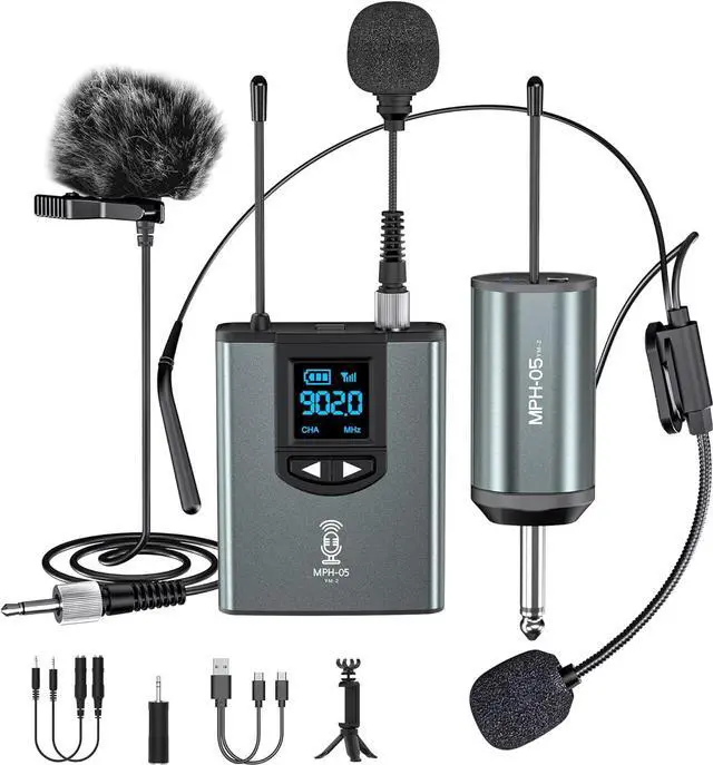 Main image of Wireless Microphone System Headset Mic/Stand Mic/Lavalier Lapel Mic with Rechargeable Bodypack Transmitter & Receiver 1/4" Output for iPhone, PA Speaker, DSLR Camera, Recording, Teaching, Church, Vlog