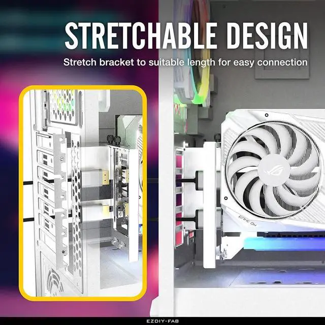 Alt view image 5 of 7 - Vertical PCIe 4.0 GPU Mount Bracket Graphic Card Holder with 5V 3 Pin ARGB LED Module, Video Card VGA Support Kit with PCIe 4.0 X16 Gen4 17cm/6.69in Riser Cable 90 Degree Right Angle- White