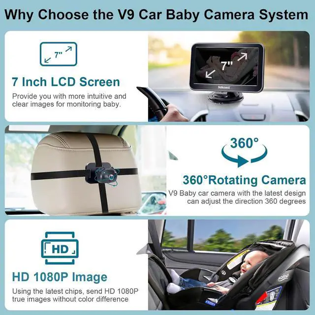 Alt view image 2 of 7 - DoHonest Baby Car Camera 7-Inch: USB Plug and Play Easy Setup 360° Rotating Backseat Camera Two Kids HD 1080P Rear Facing Car Seat Camera Clear Night Vision -V9
