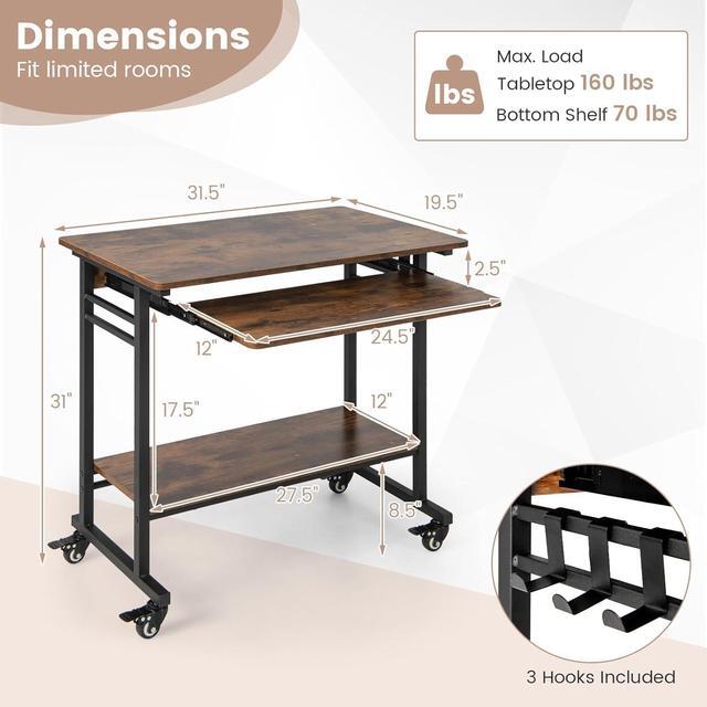 Alt view image 3 of 7 - Rolling Computer Desk Cart with Keyboard Tray, Mobile Portable Laptop PC Desk with CPU Stand & 3 Hooks for Sofa & Bed, Industrial Small Desk on Wheels for Small Spaces, Home Office Desk