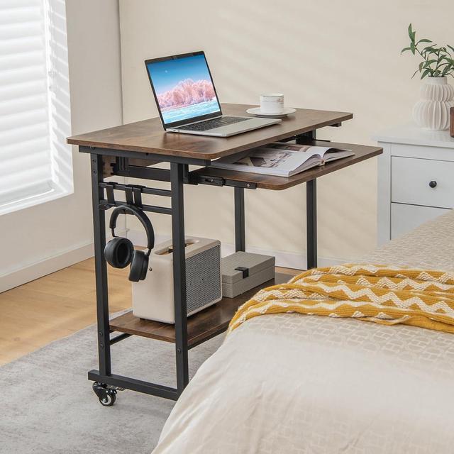 Alt view image 5 of 7 - Rolling Computer Desk Cart with Keyboard Tray, Mobile Portable Laptop PC Desk with CPU Stand & 3 Hooks for Sofa & Bed, Industrial Small Desk on Wheels for Small Spaces, Home Office Desk