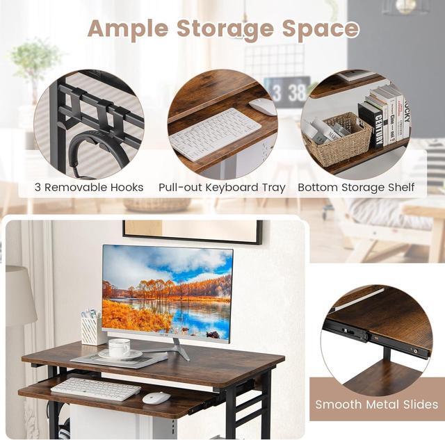 Alt view image 6 of 7 - Rolling Computer Desk Cart with Keyboard Tray, Mobile Portable Laptop PC Desk with CPU Stand & 3 Hooks for Sofa & Bed, Industrial Small Desk on Wheels for Small Spaces, Home Office Desk