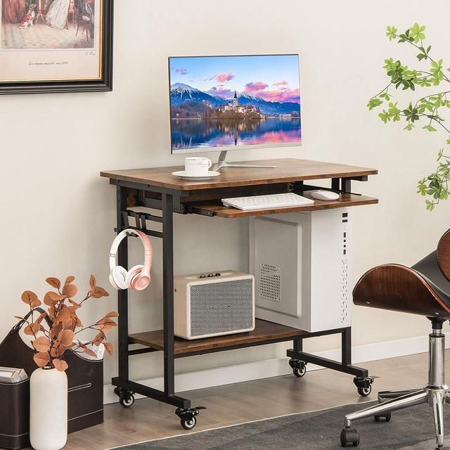 Alt view image 4 of 7 - Rolling Computer Desk Cart with Keyboard Tray, Mobile Portable Laptop PC Desk with CPU Stand & 3 Hooks for Sofa & Bed, Industrial Small Desk on Wheels for Small Spaces, Home Office Desk