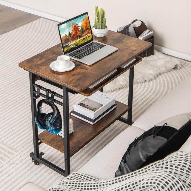 Alt view image 2 of 7 - Rolling Computer Desk Cart with Keyboard Tray, Mobile Portable Laptop PC Desk with CPU Stand & 3 Hooks for Sofa & Bed, Industrial Small Desk on Wheels for Small Spaces, Home Office Desk