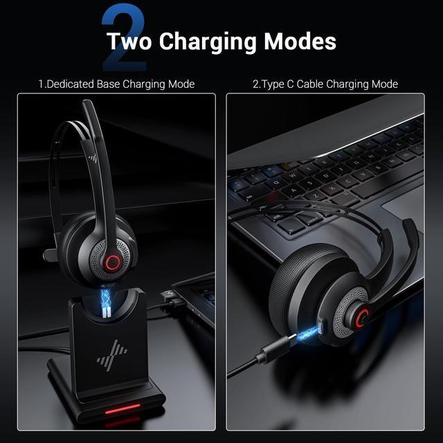 Alt view image 4 of 7 - Bluetooth Headset - Wireless Headset with Noise Cancelling Microphone, V5.2 Computer Headphones with USB Dongle, Charging Base & Mic Mute for Work/Call Center/PC/Laptop/Online Class/Zoom