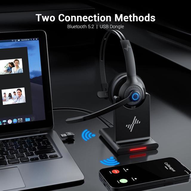 Alt view image 3 of 7 - Bluetooth Headset - Wireless Headset with Noise Cancelling Microphone, V5.2 Computer Headphones with USB Dongle, Charging Base & Mic Mute for Work/Call Center/PC/Laptop/Online Class/Zoom