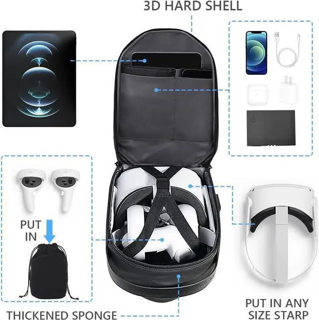 Alt view image 3 of 7 - Ainiv Hard Carrying Case for Oculus Quest 2 VR Headsets and Controllers Acessories Protective Waterproof Crossbody Shoulder Chest Backpack Fit for Elite Strap with Storage Bag