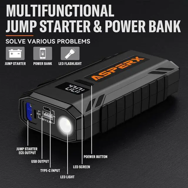 Alt view image 3 of 7 - ASPERX Car Jump Starter, 1500A Peak Battery Starter for Up to 7.0L Gas or 5.5L Diesel Engine, 12V Portable Power Pack with 1.4 INCH LCD Display