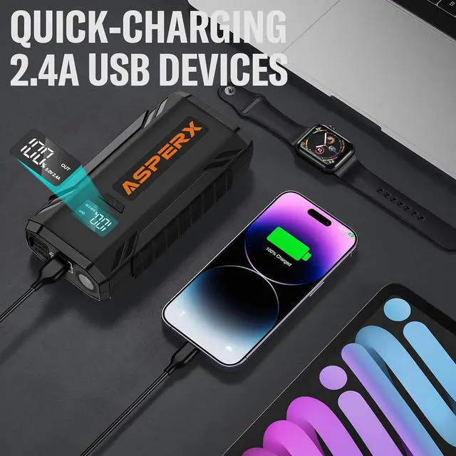 Alt view image 4 of 7 - ASPERX Car Jump Starter, 1500A Peak Battery Starter for Up to 7.0L Gas or 5.5L Diesel Engine, 12V Portable Power Pack with 1.4 INCH LCD Display